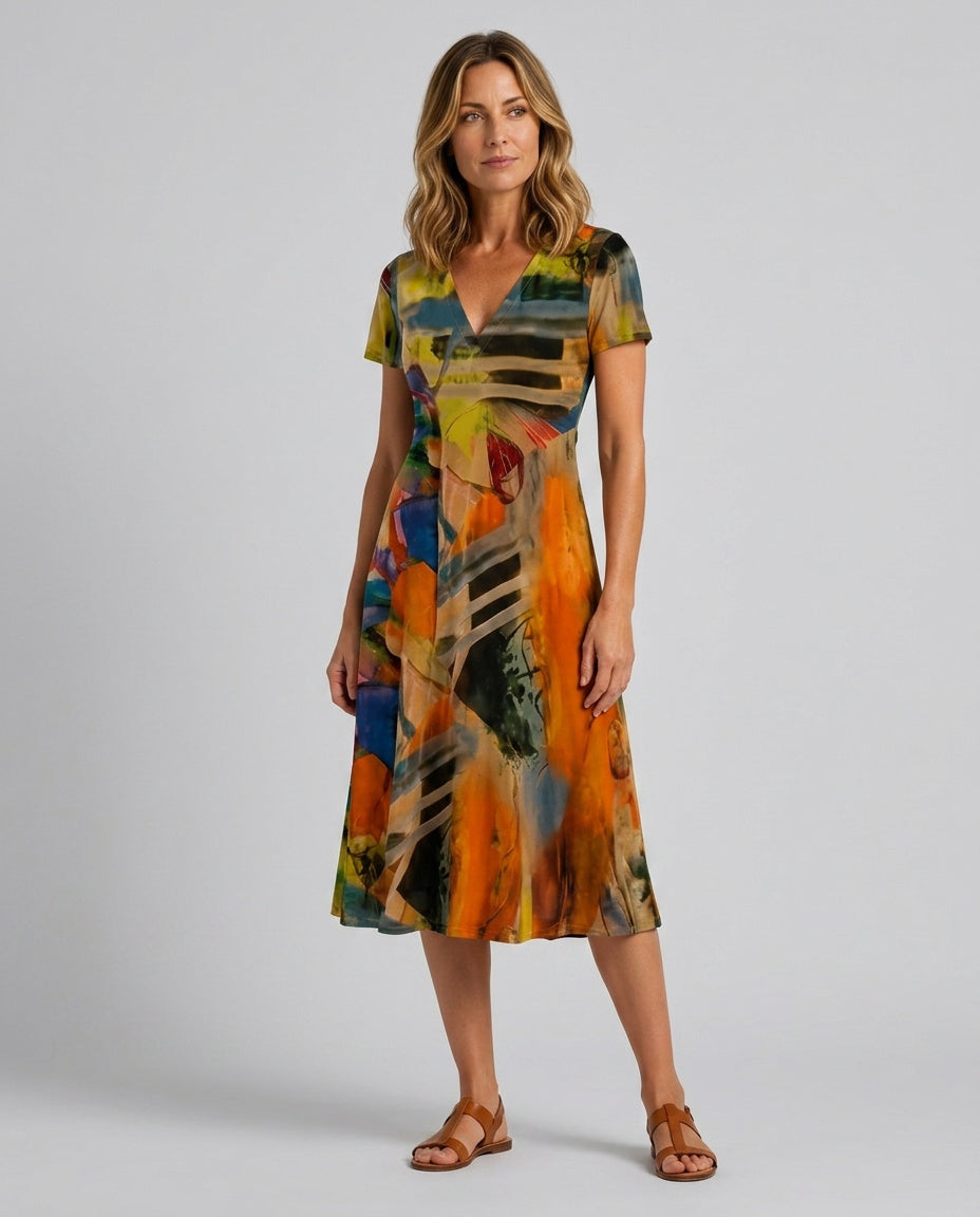 Marlowe | Abstract Print V-Neck Midi Dress