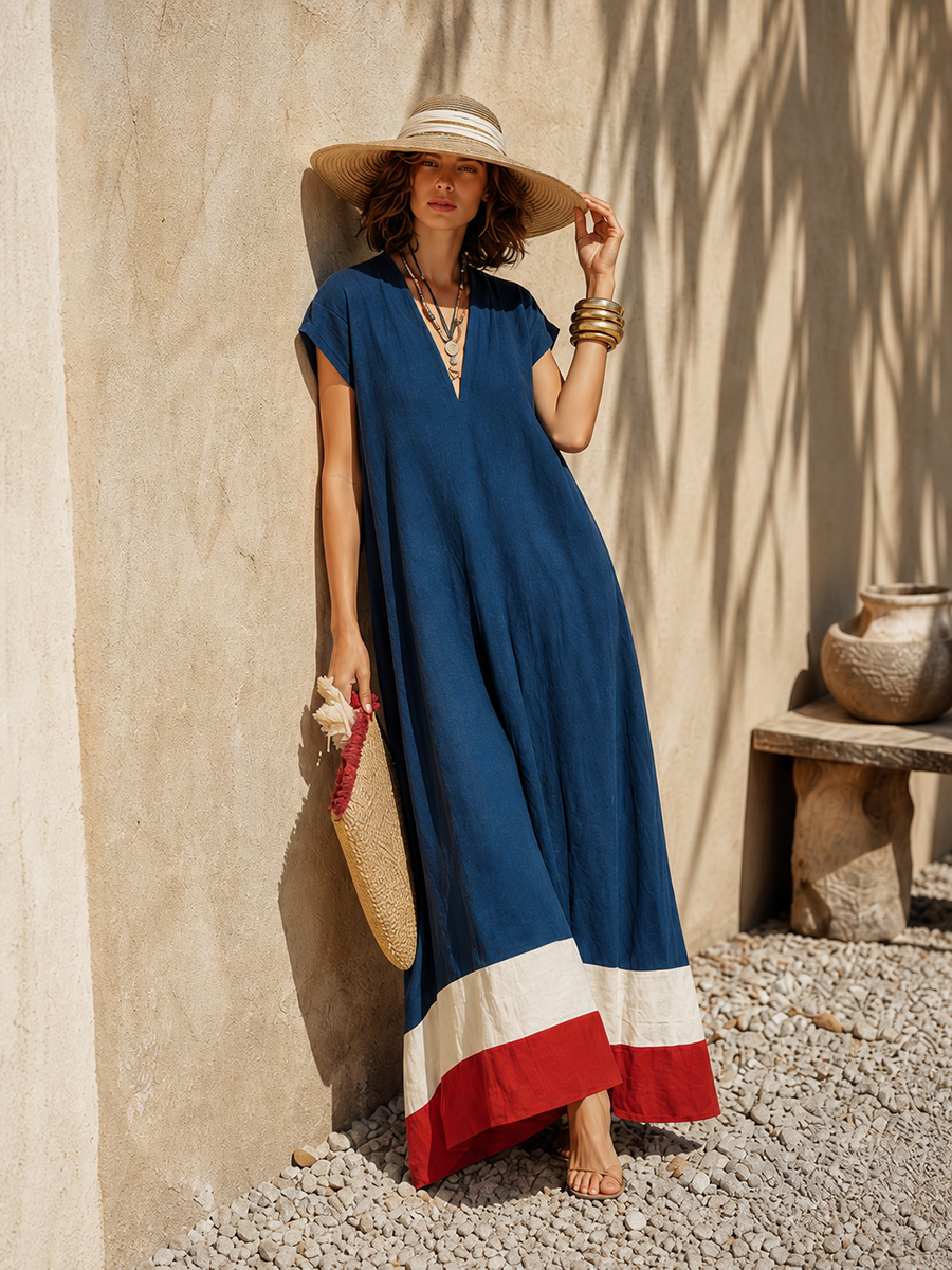 Alba | Contrast Hem Linen-Blend Maxi Dress