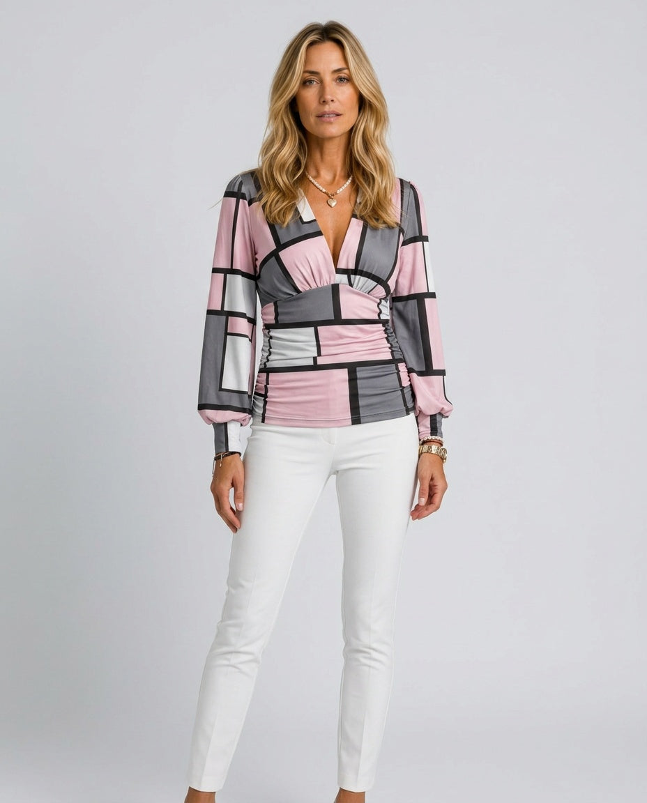 Alejandra | Deep V-Neck Ruched Long Sleeve Blouse