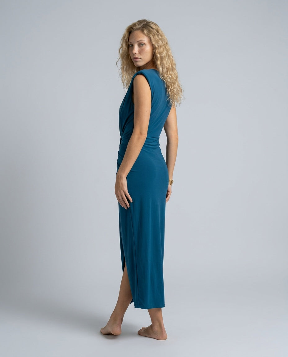 Riley | Ruched Sleeveless Front Slit Midi Dress