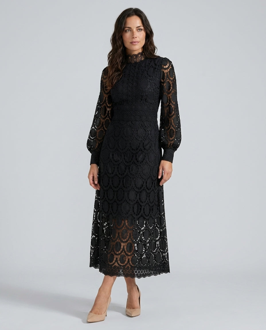 Imogen | Long Sleeve Lace Midi Dress with High Collar
