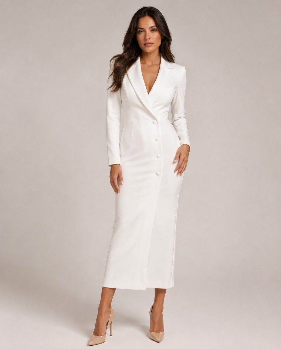 Leandra | Below-Knee Button-Front Blazer Dress