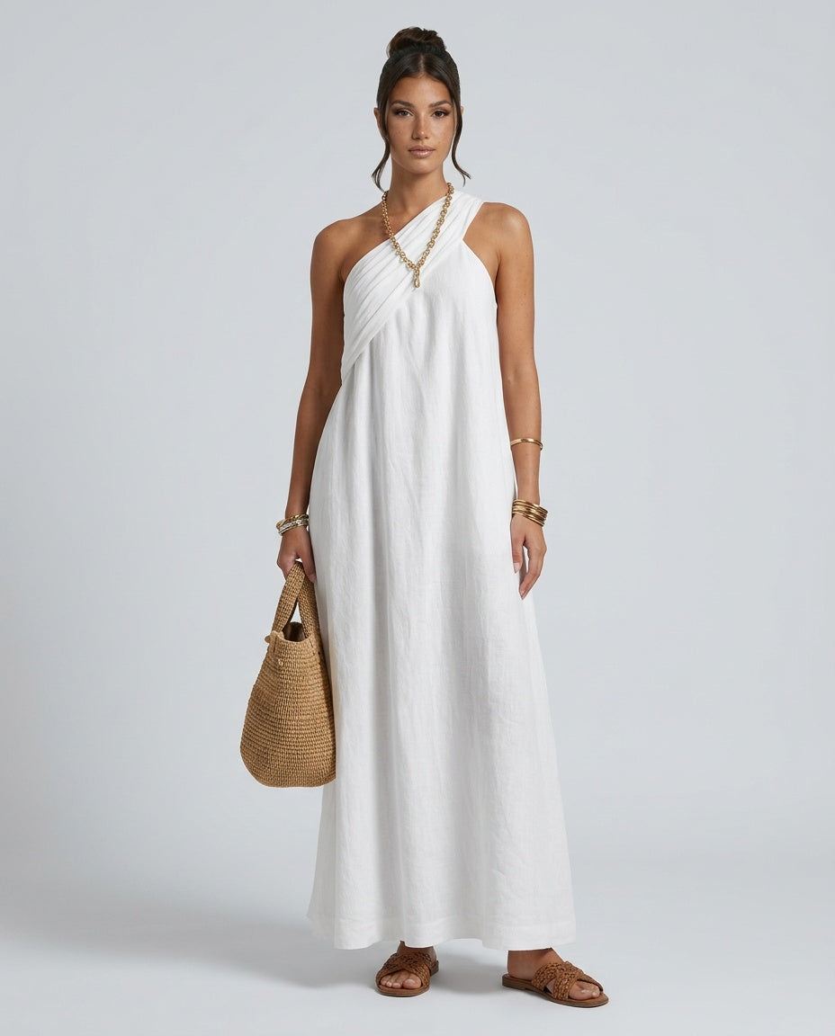 Valeria | One-Shoulder Linen-Blend Boho Maxi Dress