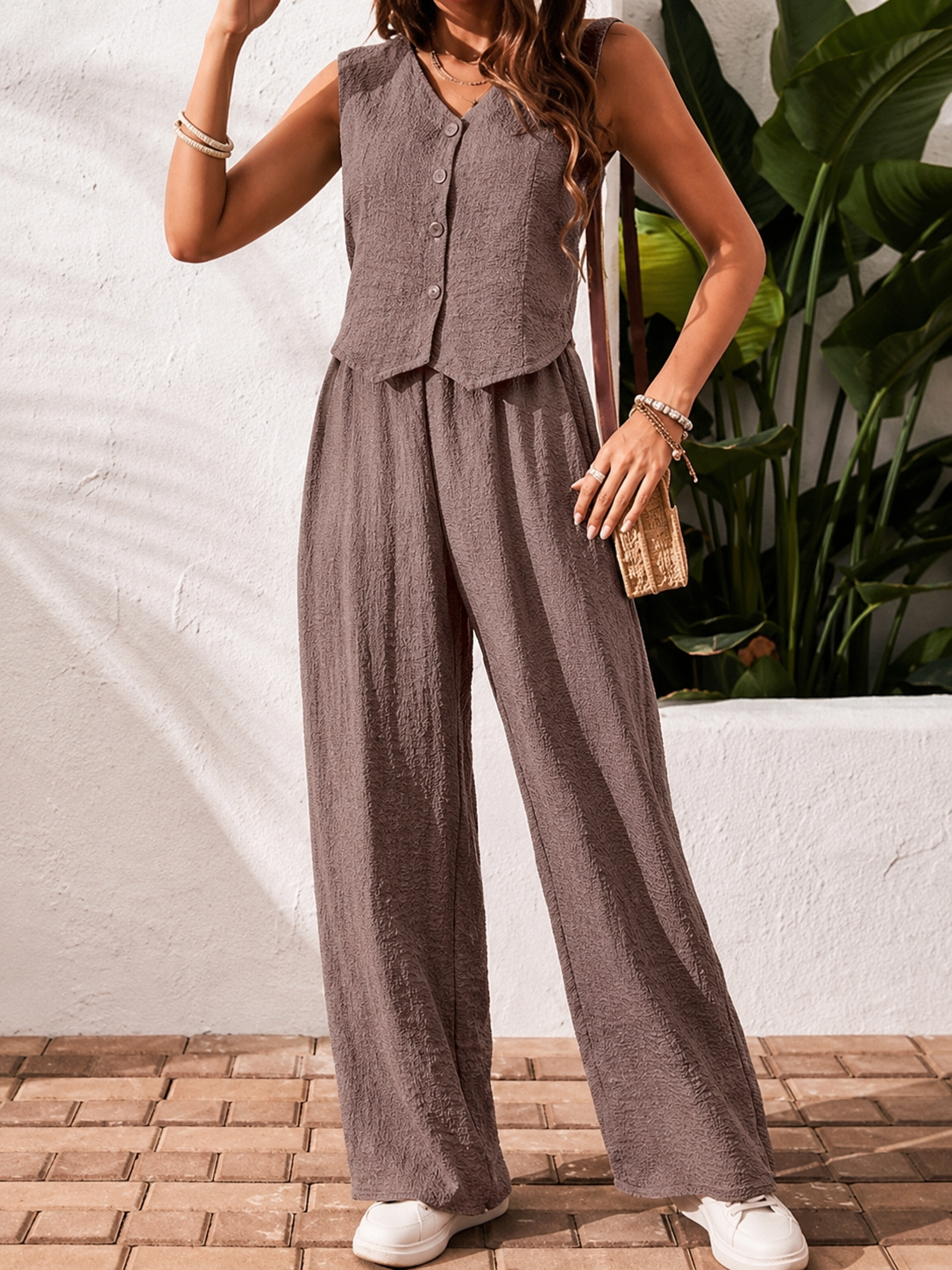 Sabine | Sleeveless Button Front Crop Top & Pleated Wide-Leg Trouser Set
