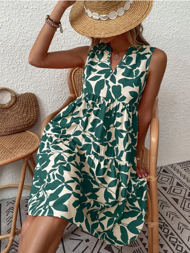 Kennedy | Tiered Leaf Print Sleeveless Midi Dress