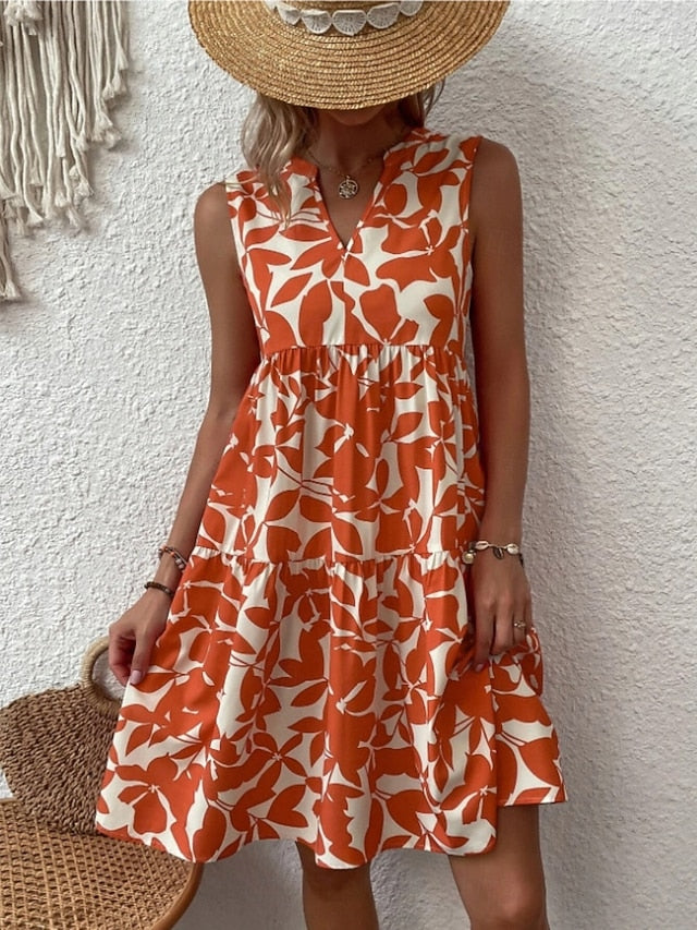 Kennedy | Tiered Leaf Print Sleeveless Midi Dress