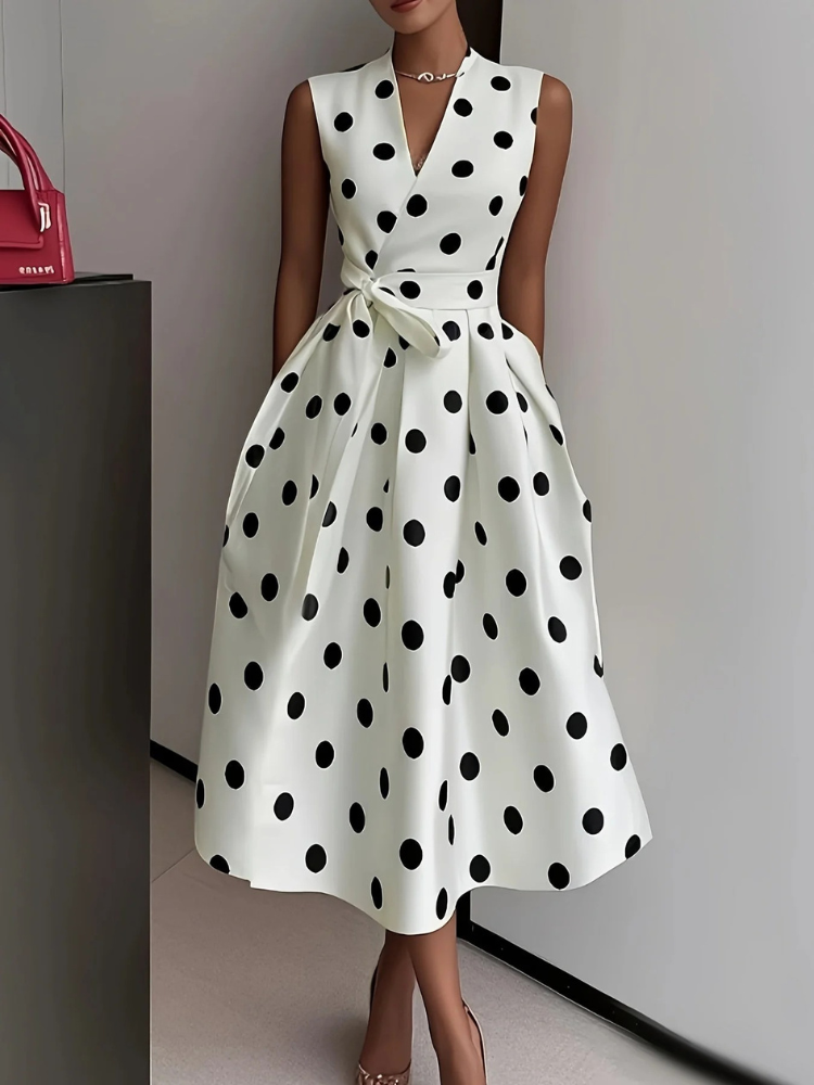 Elara | Polka Dot Wrap Midi Dress with Tie Belt