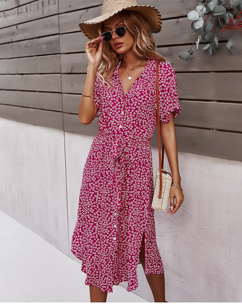 Flora | Floral Print Tie-Belt Midi Dress