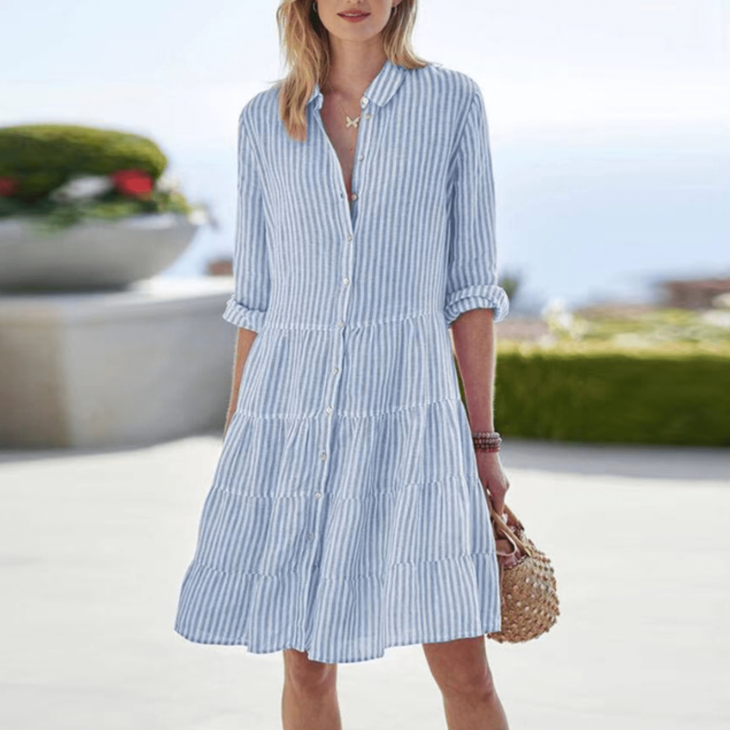 Delphine | Striped Tiered-Hem Midi Dress