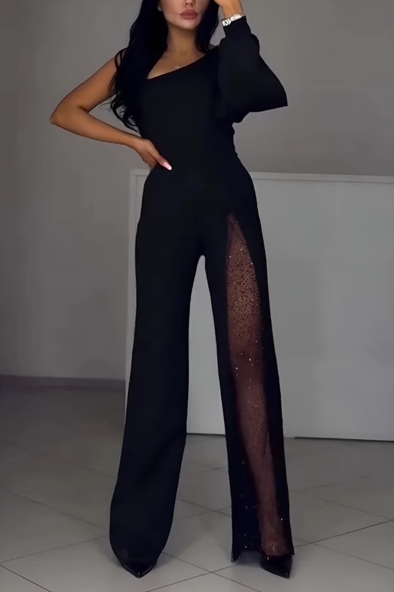 Josie | One-Shoulder Glitter Mesh Wide-Leg Jumpsuit