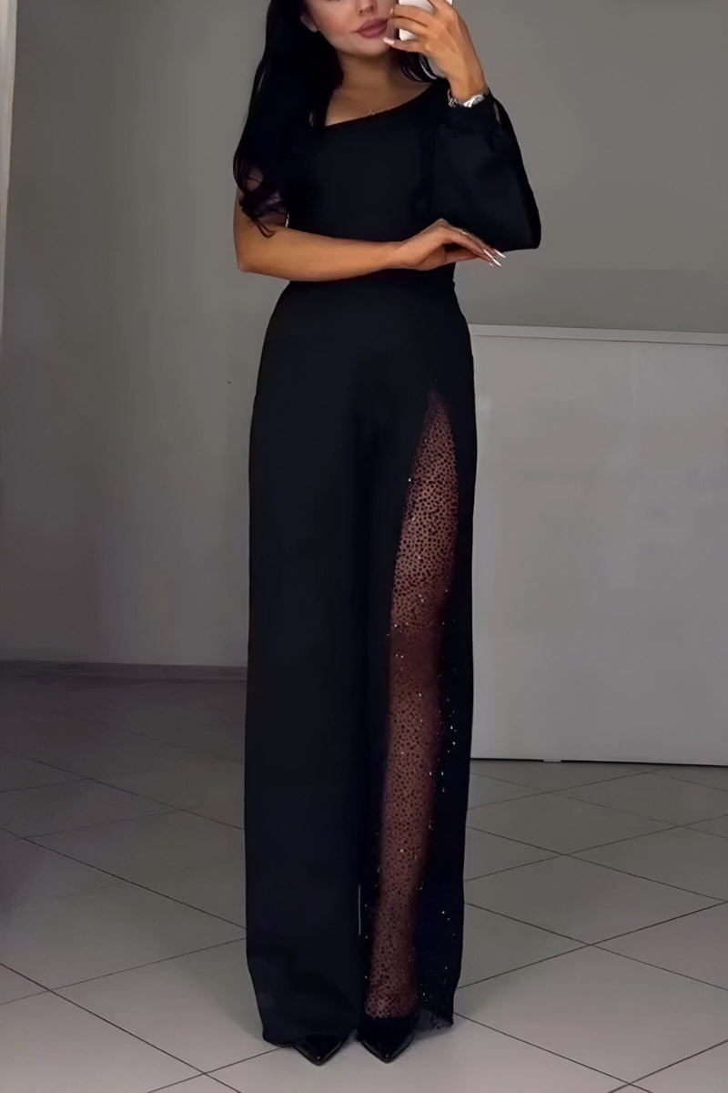 Josie | One-Shoulder Glitter Mesh Wide-Leg Jumpsuit