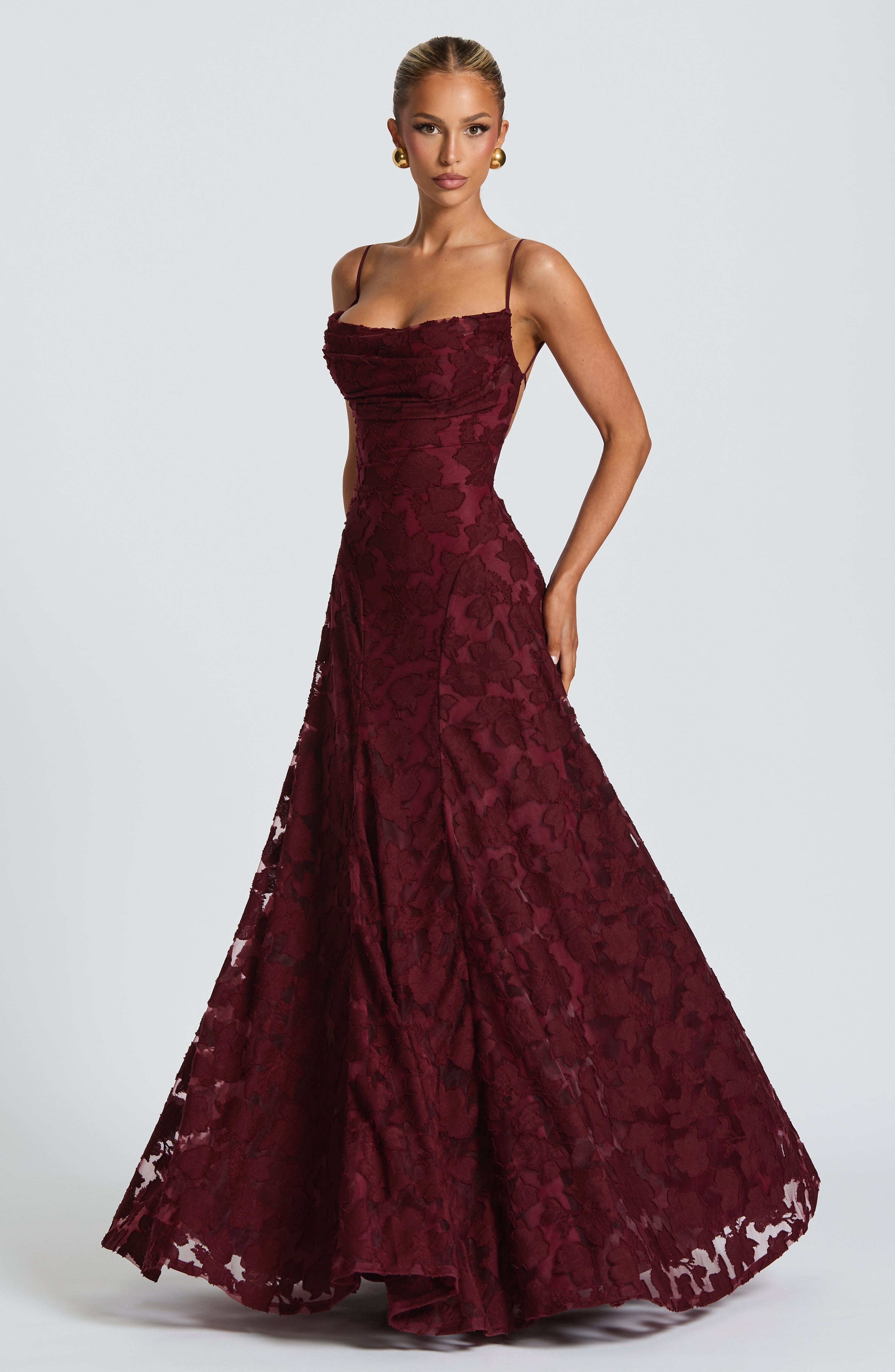Frankie | Floral Cowl-Neck Lace-Back Maxi Dress