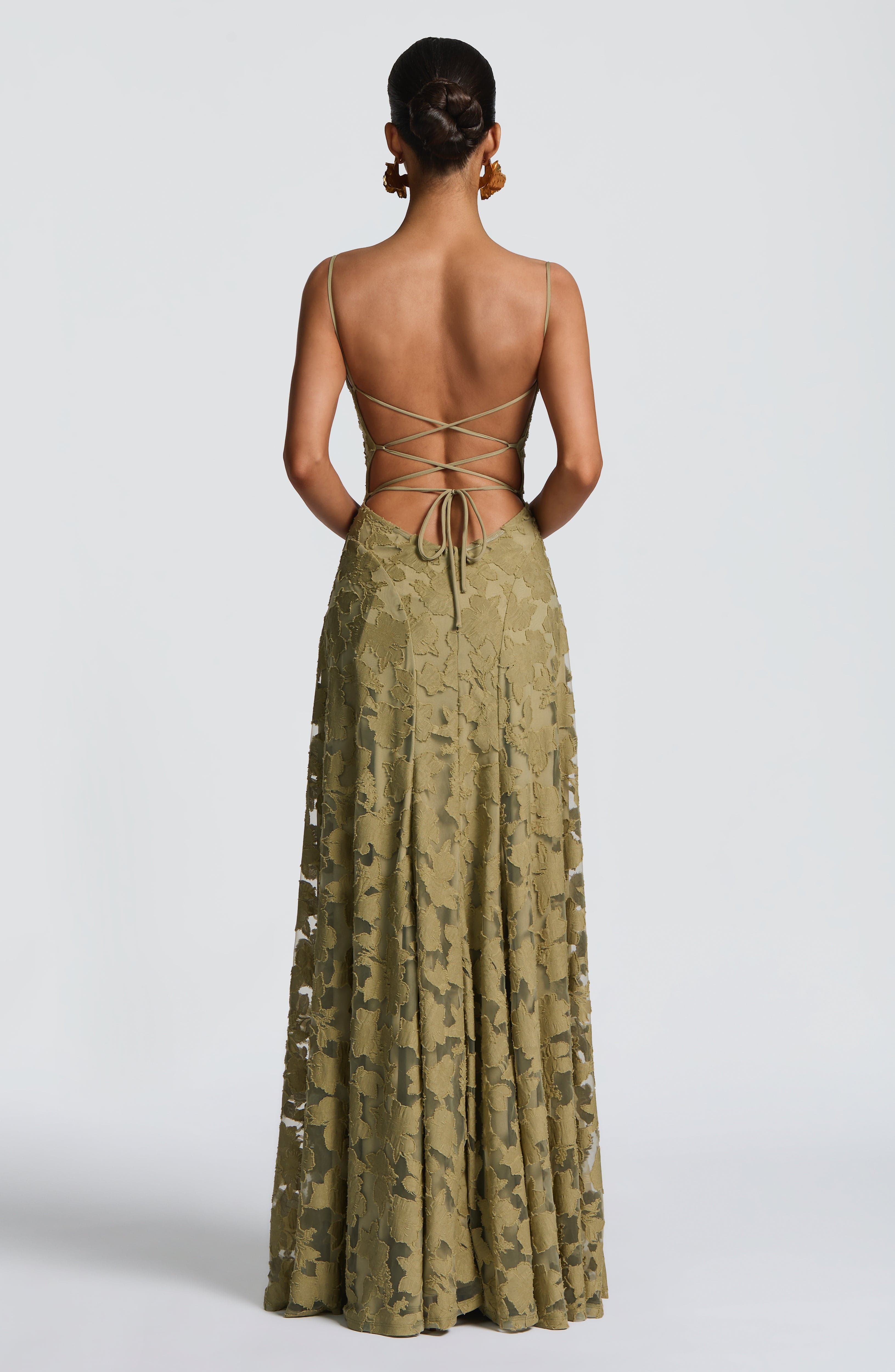 Frankie | Floral Cowl-Neck Lace-Back Maxi Dress