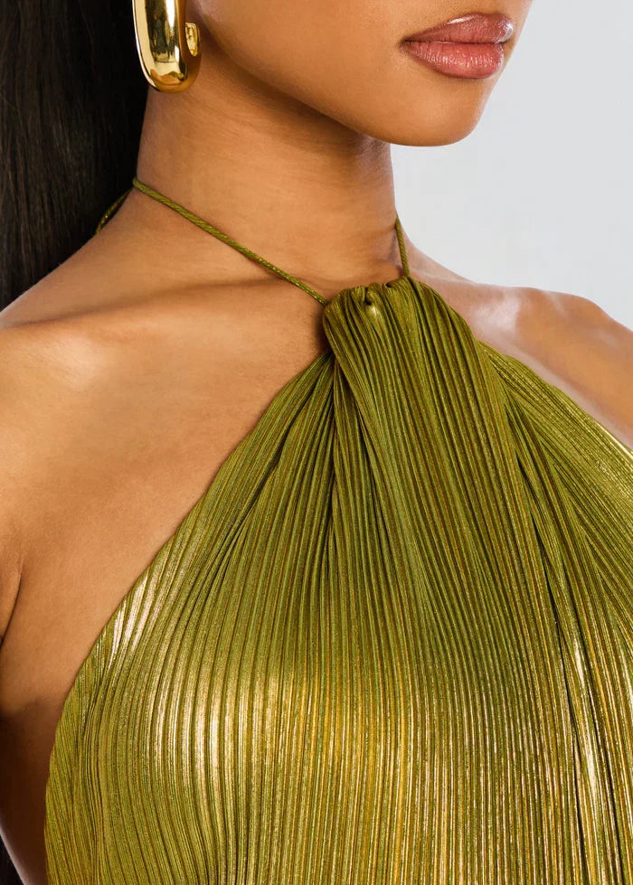 Wren | Halter Neck Pleated High Split Maxi Dress