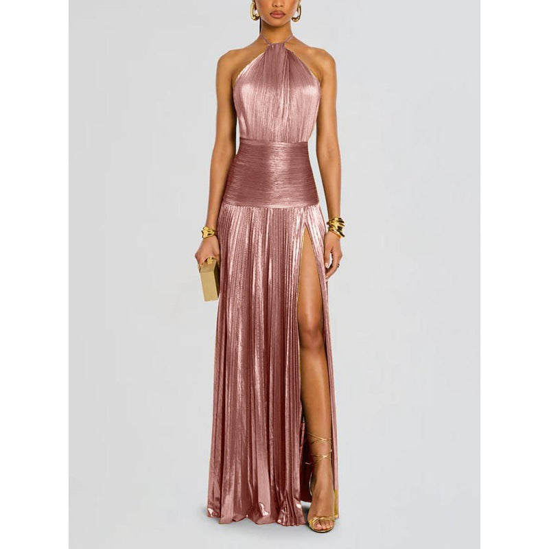 Wren | Halter Neck Pleated High Split Maxi Dress