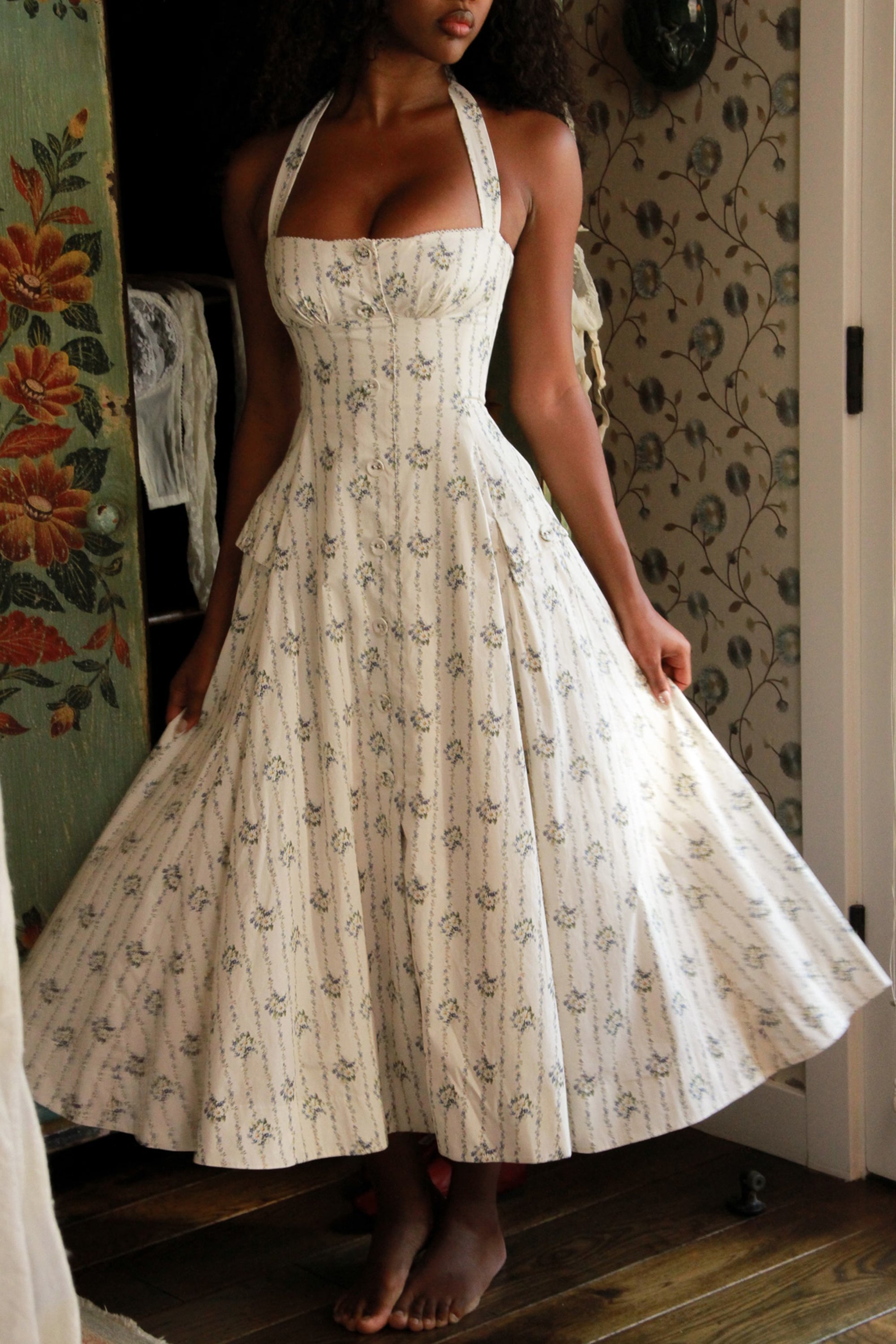 Kennedy | Floral Stripe Sweetheart Halter Midi Dress