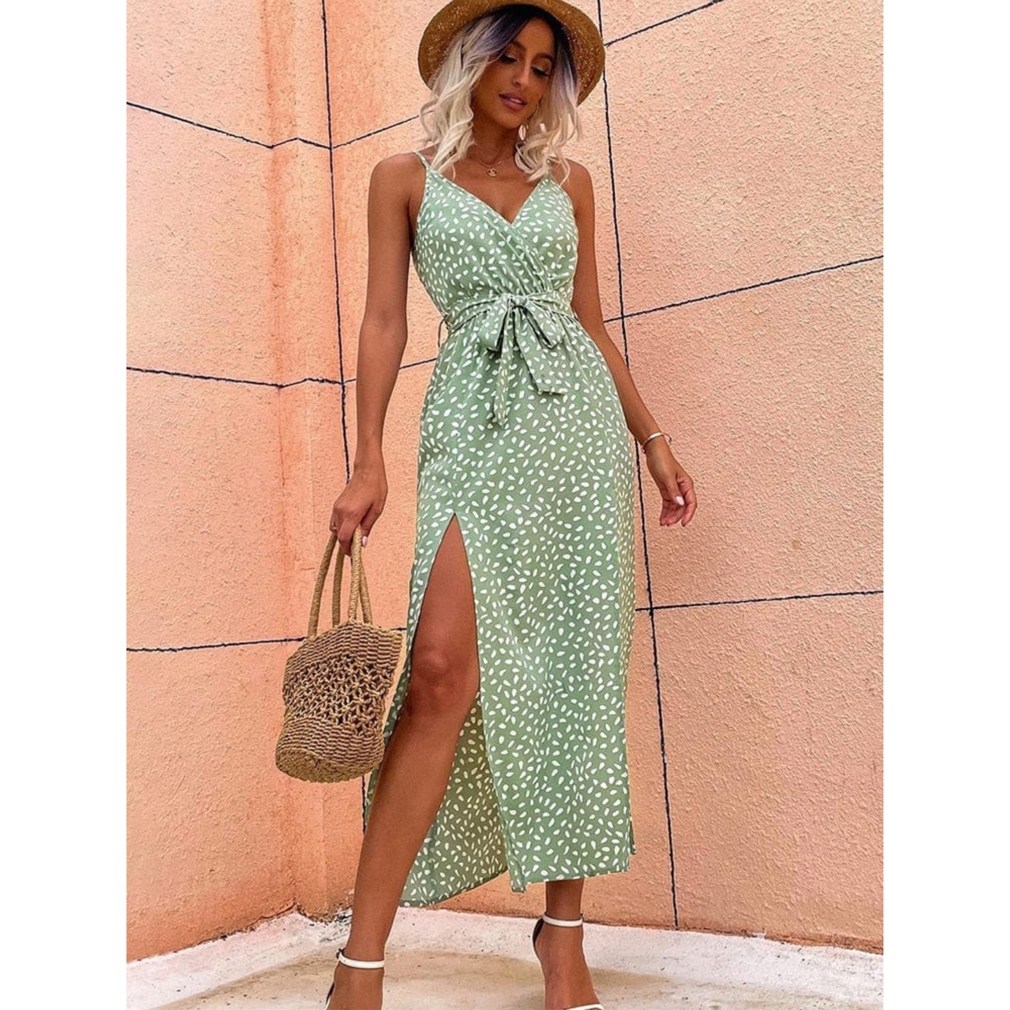 Aubrey | Polka Dot Wrap Midi Dress with Side Split