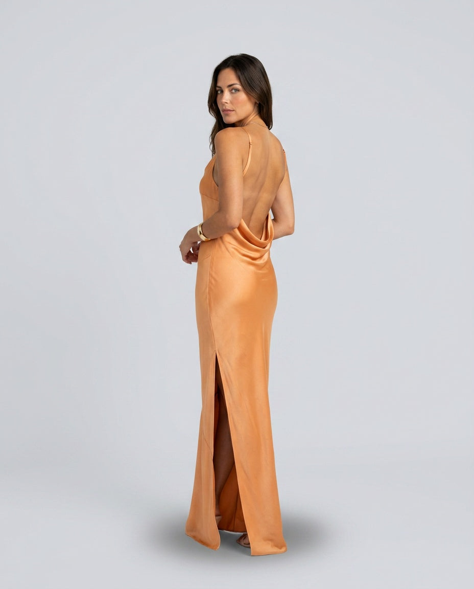 Rania | Draped Neckline Satin-Look Maxi Dress