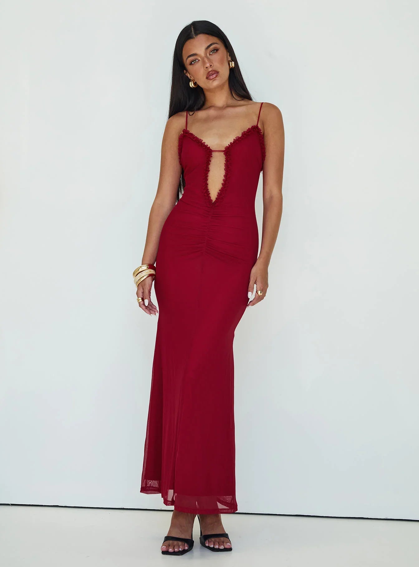 Capisce | Ruched Lace Cut-Out High Split Maxi Dress