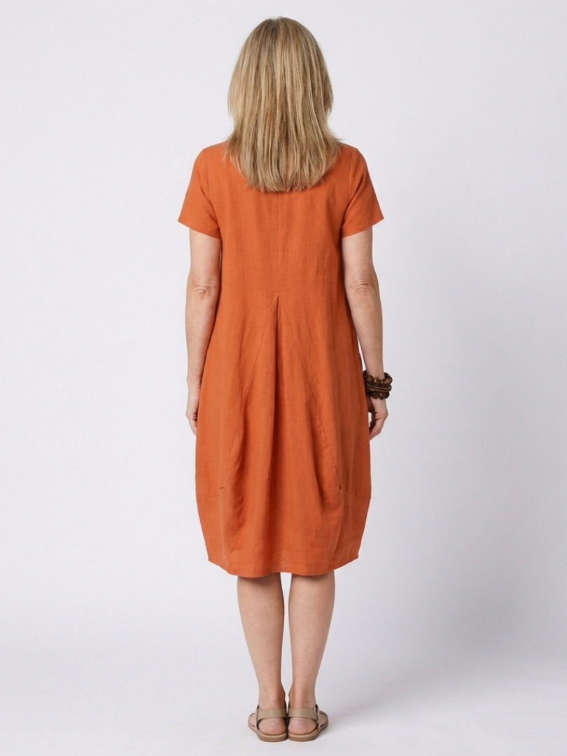 Dion | Short Sleeve Pleated Knee-Length Midi Dress