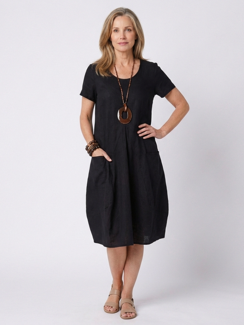 Dion | Short Sleeve Pleated Knee-Length Midi Dress