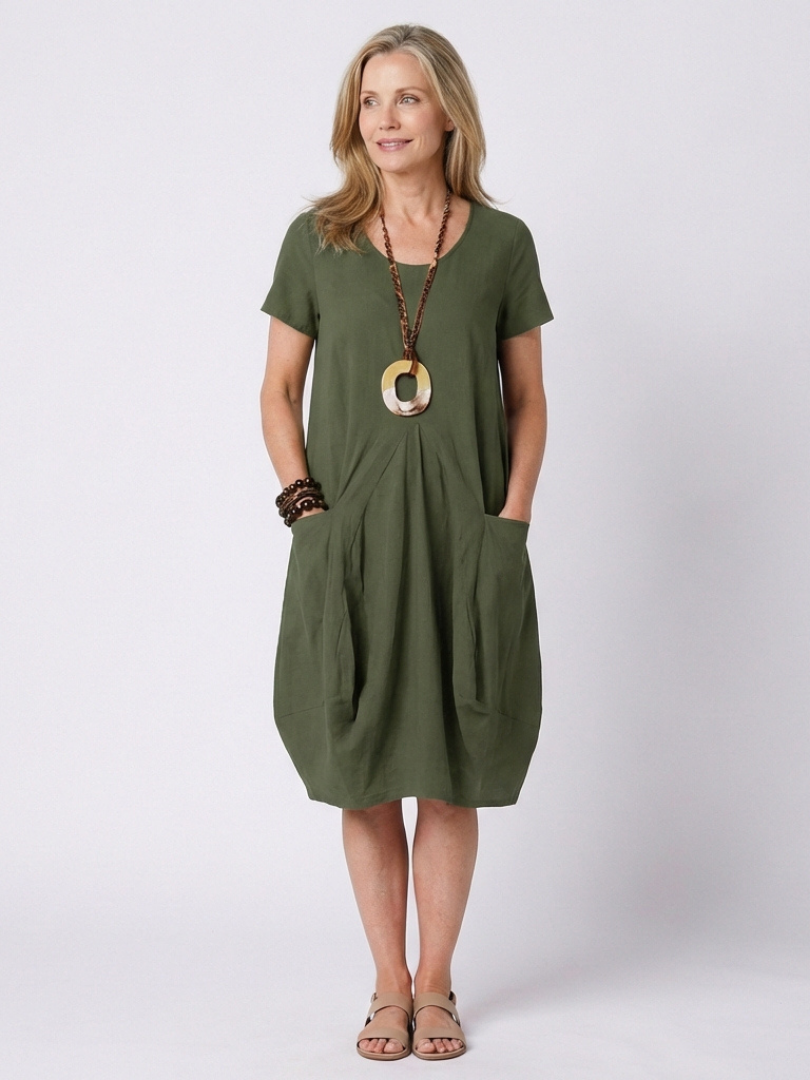 Dion | Short Sleeve Pleated Knee-Length Midi Dress