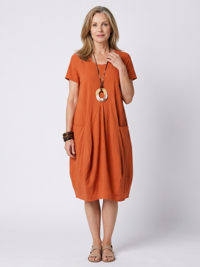 Dion | Short Sleeve Pleated Knee-Length Midi Dress
