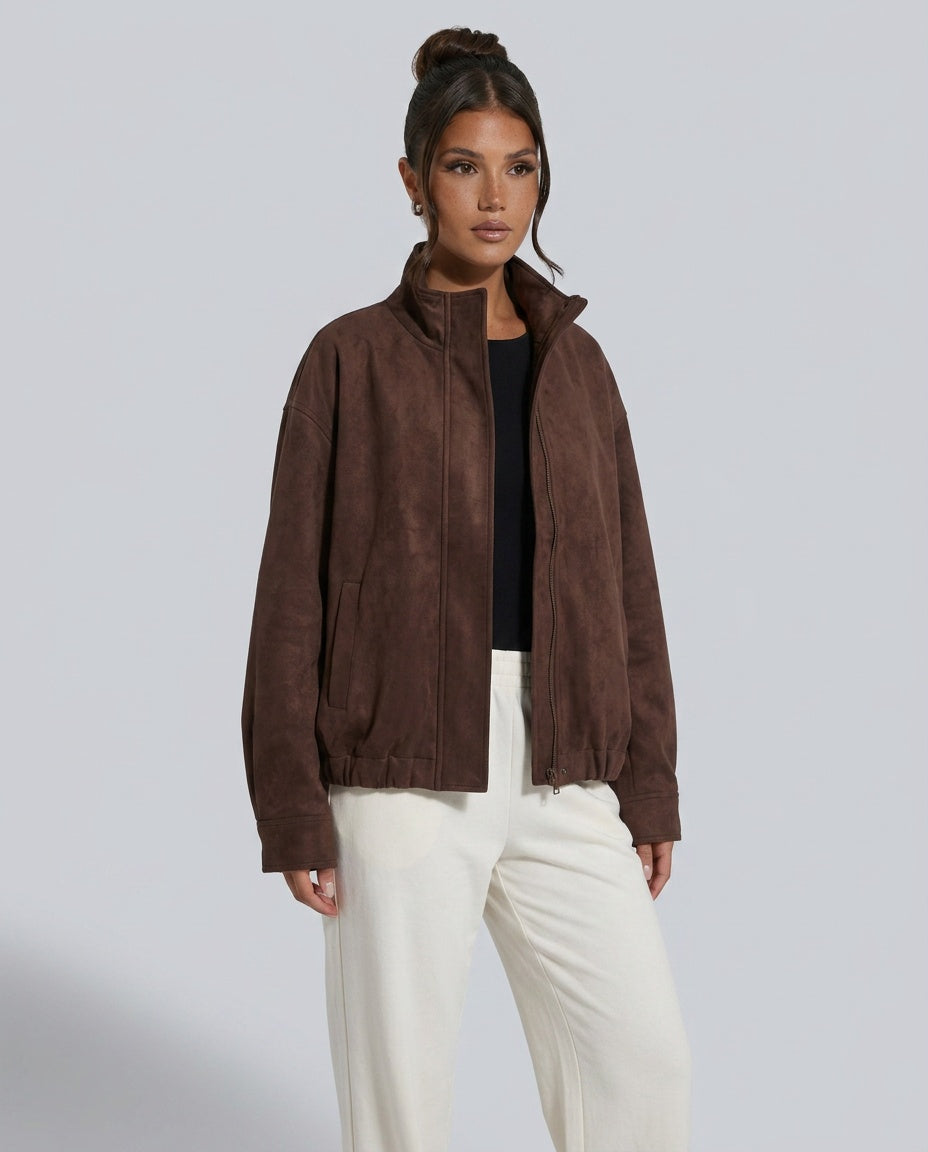 Dune | High Neck Zip Front Faux Suede Bomber Jacket
