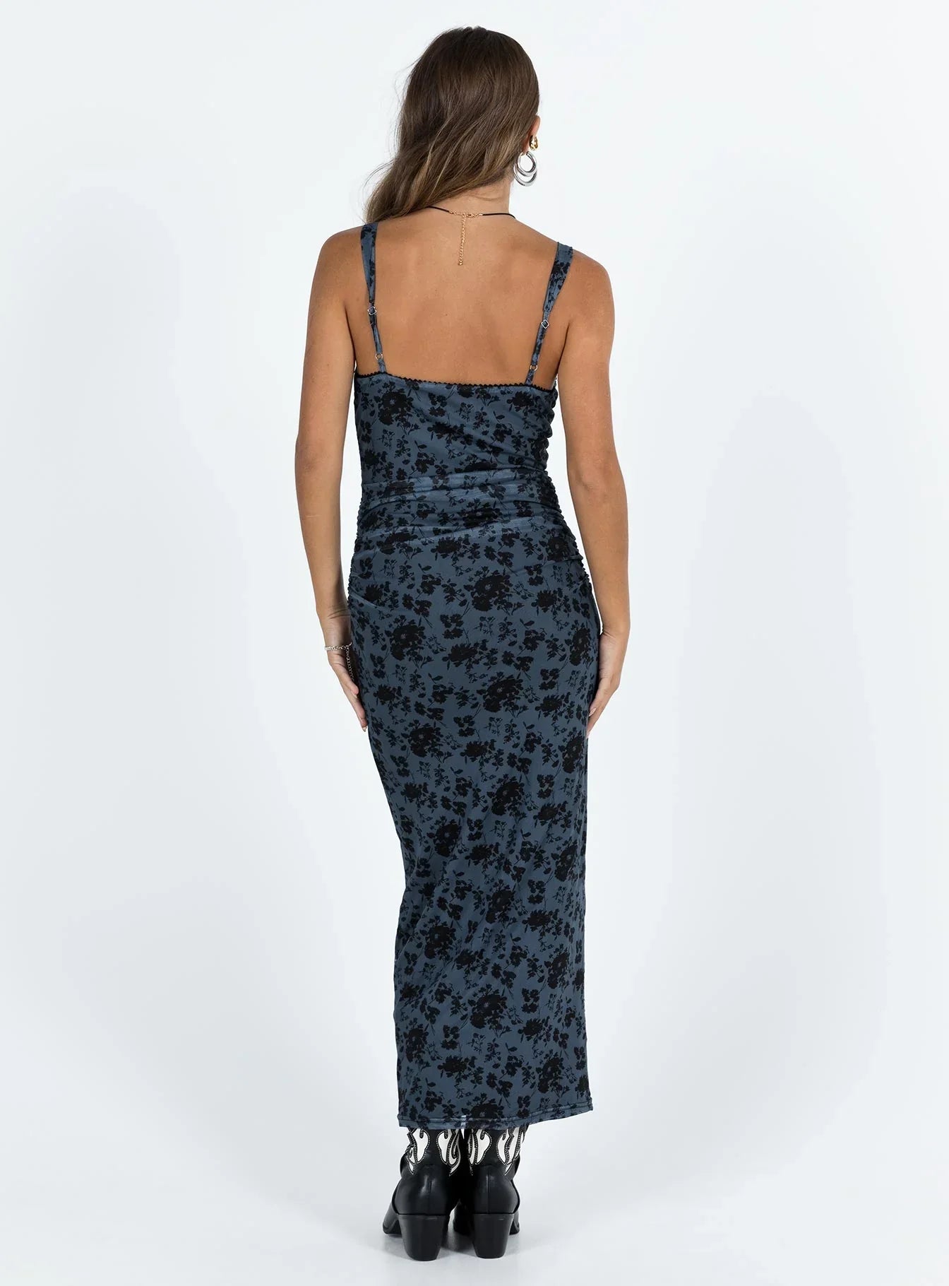 Elena | Ruched Floral Mesh Wedding Guest Maxi Dress