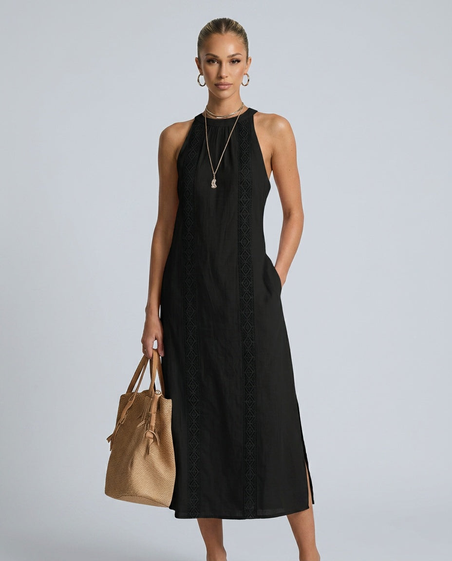 Margaux | High Neck Lace Detail Sleeveless Midi Dress