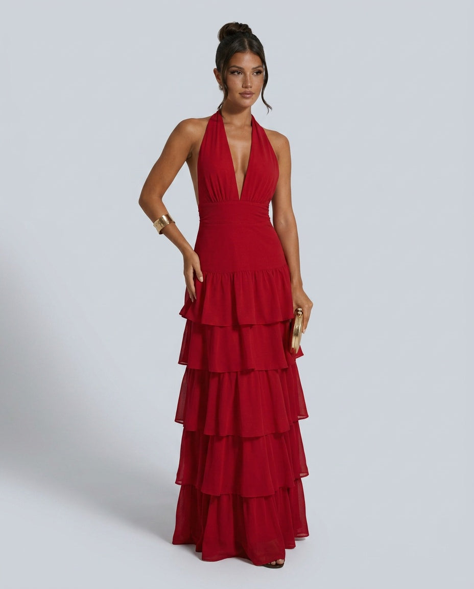 Presley | Deep Halter Tiered Ruffle Maxi Dress