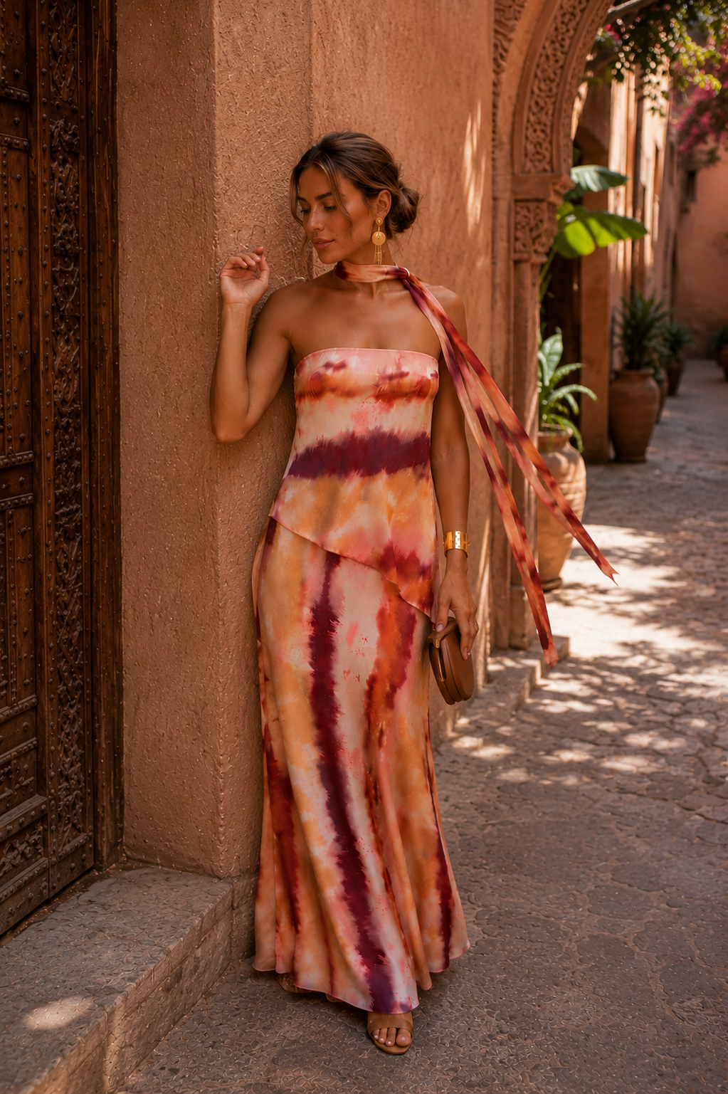 Ximena | Strapless Printed Neck Scarf Maxi Dress