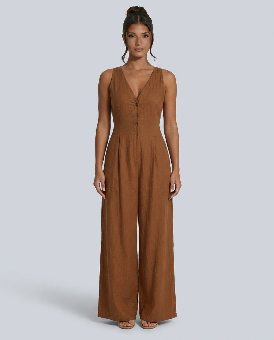 Emilia | Sleeveless Button Front Wide Leg Jumpsuit