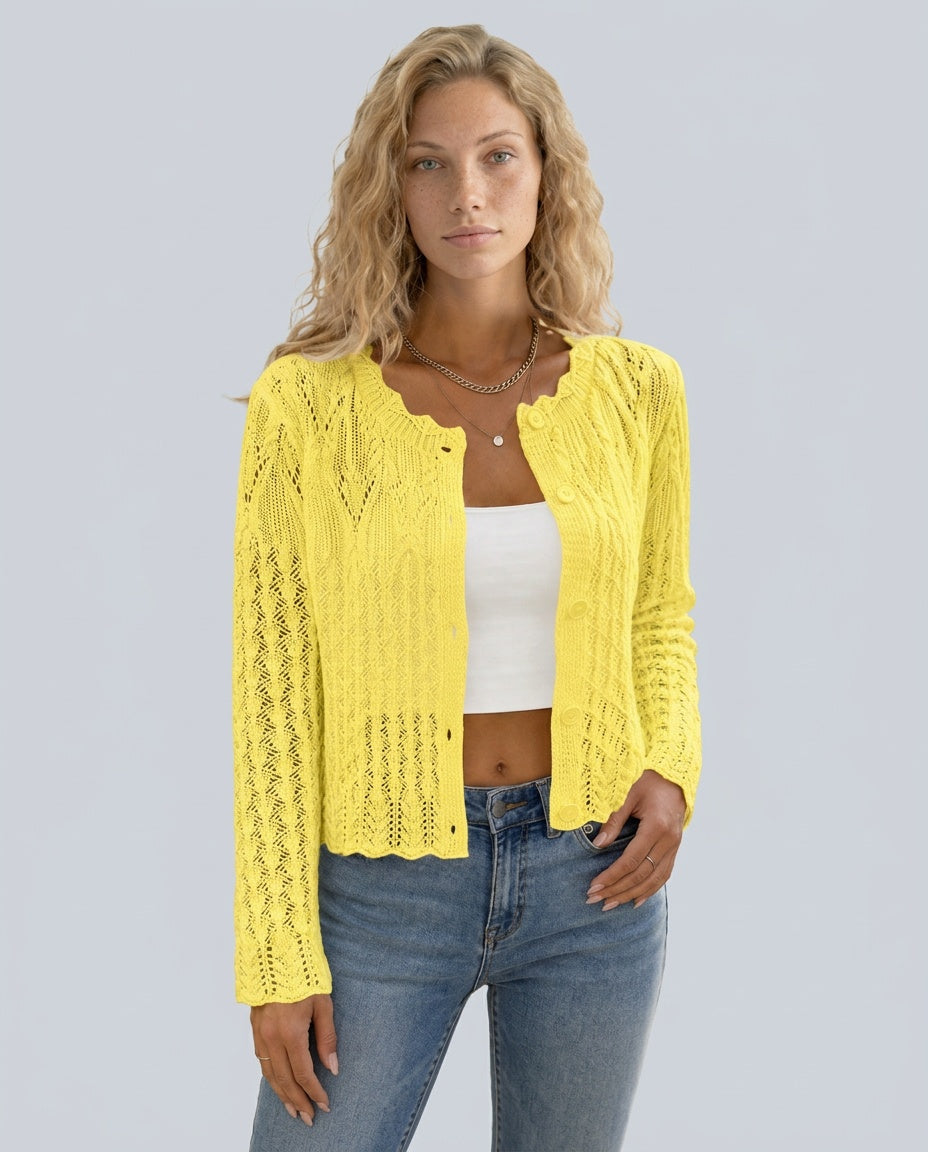 Ellie | Cropped Openwork Knit Button Cardigan