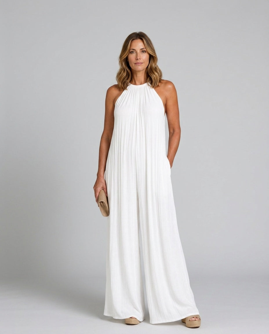 Sylvara | Pleated Halter Neck Wide Leg Jumpsuit