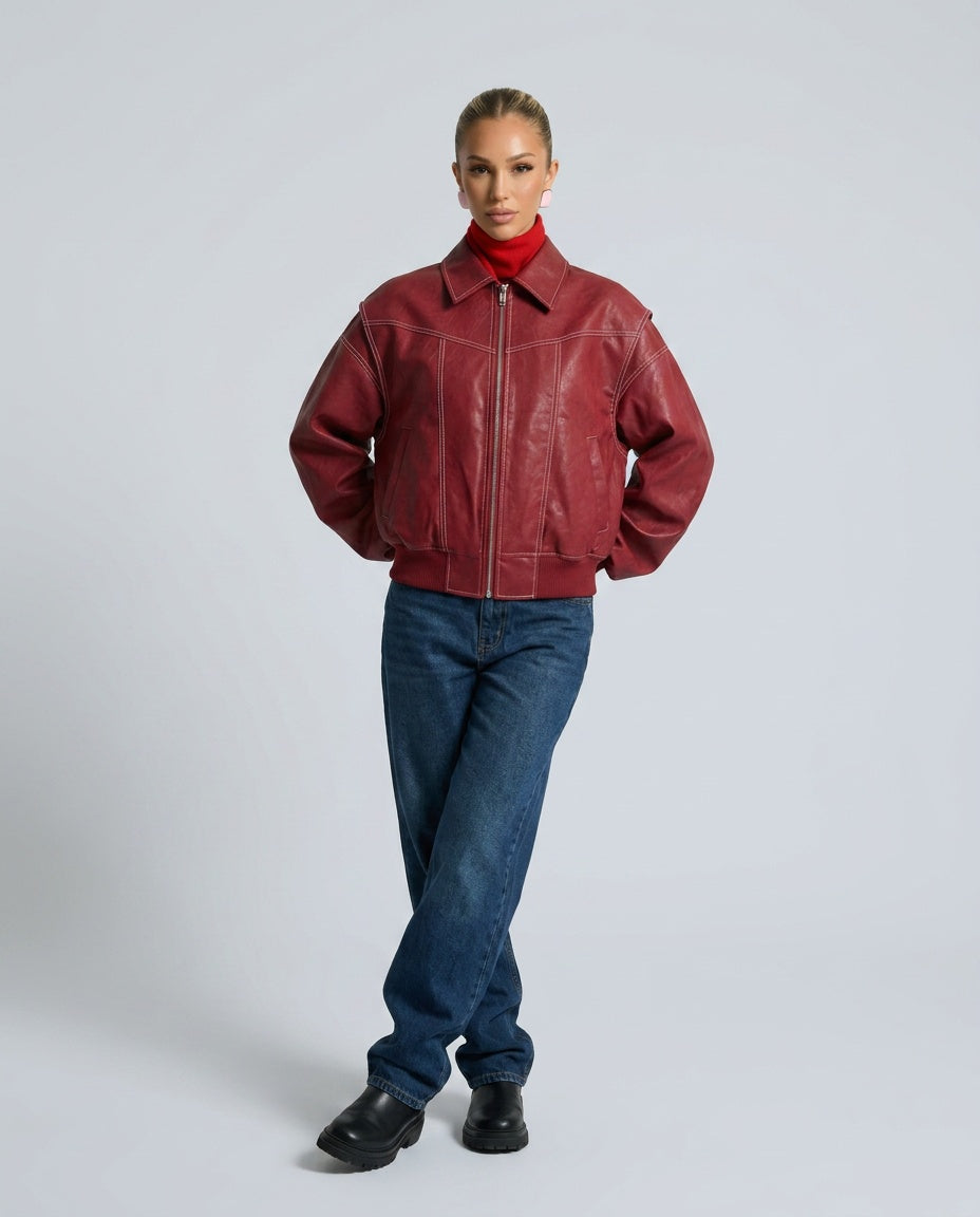 Tina | Oversized Glazed Faux Leather Bomber Jacket
