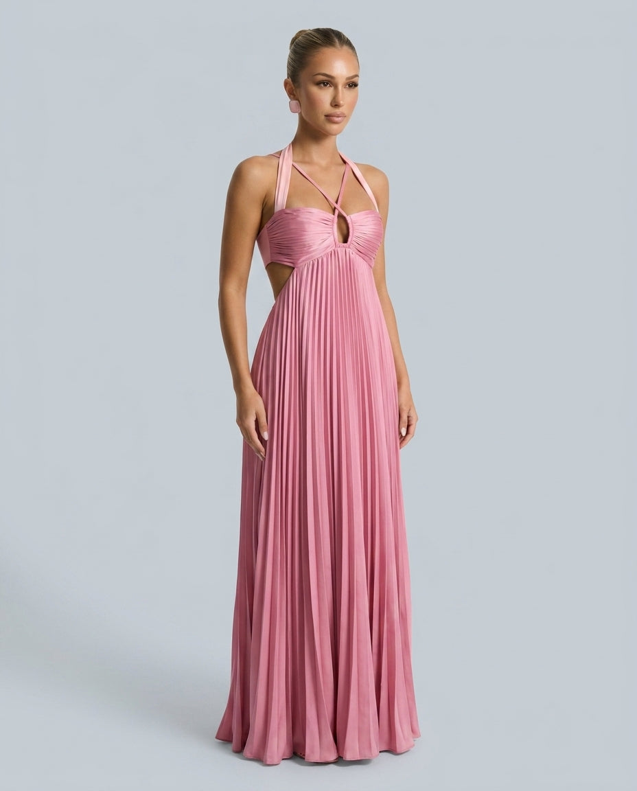 Seraphina | Pleated High-Waist Halter Neck Maxi Dress