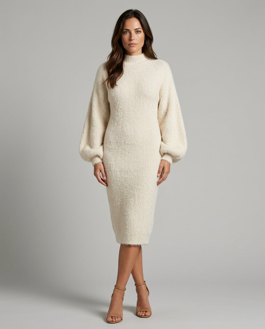 Women's Faux Mink Knit Asymmetric Midi Dress
