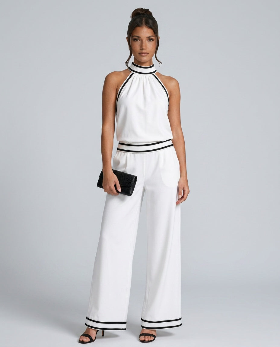 Bianca | Contrast Trim Halter Neck Wide Leg Jumpsuit