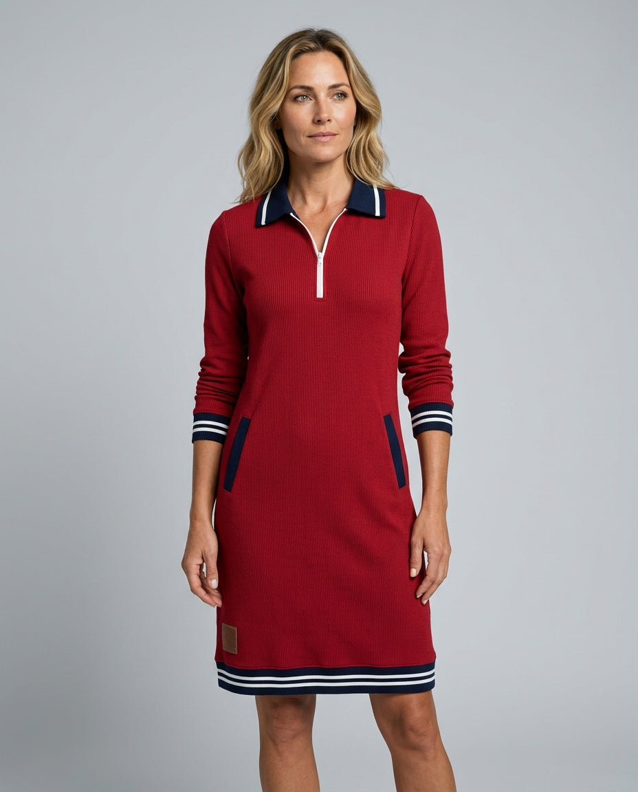 Cora | Quarter Zip Striped Trim Polo Midi Dress
