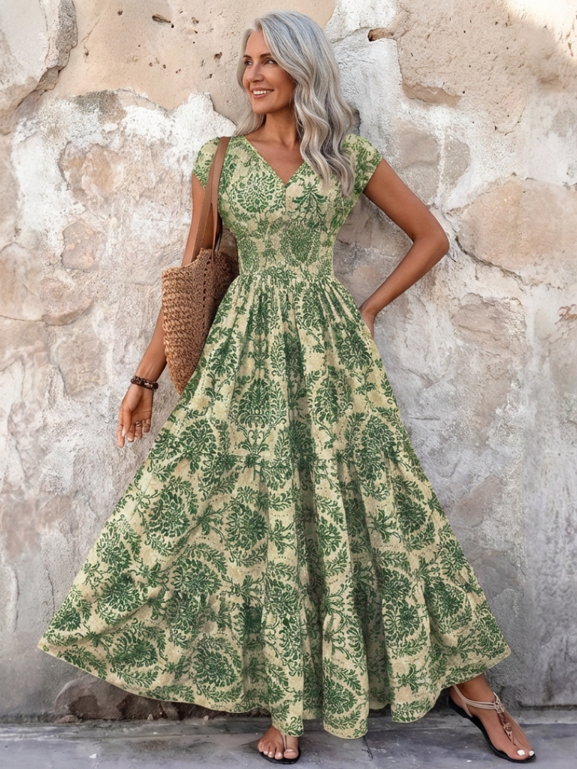 Seraphina | Cap Sleeve V-Neck Bohemian Maxi Dress