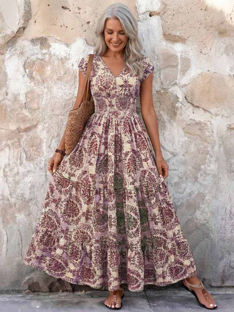 Seraphina | Cap Sleeve V-Neck Bohemian Maxi Dress
