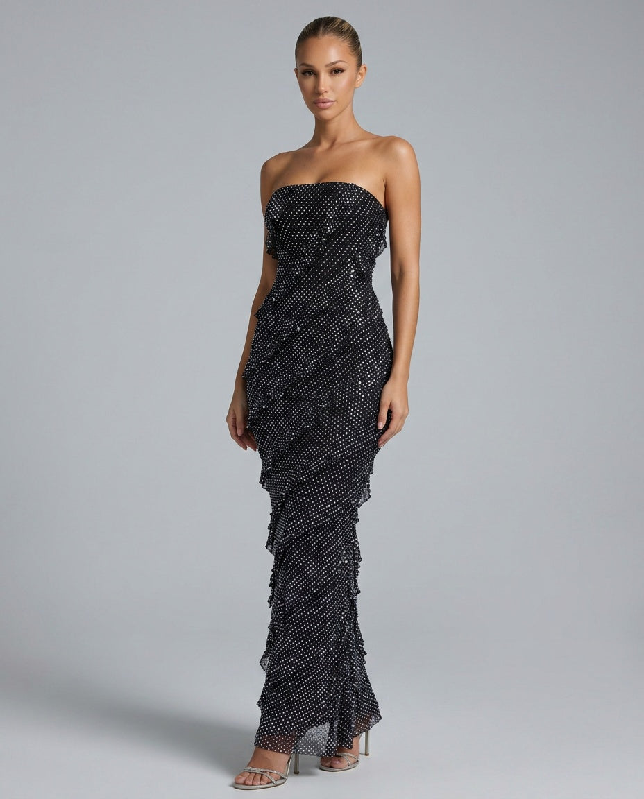 Pia | Embellished Bandeau Ruffle Maxi Dress