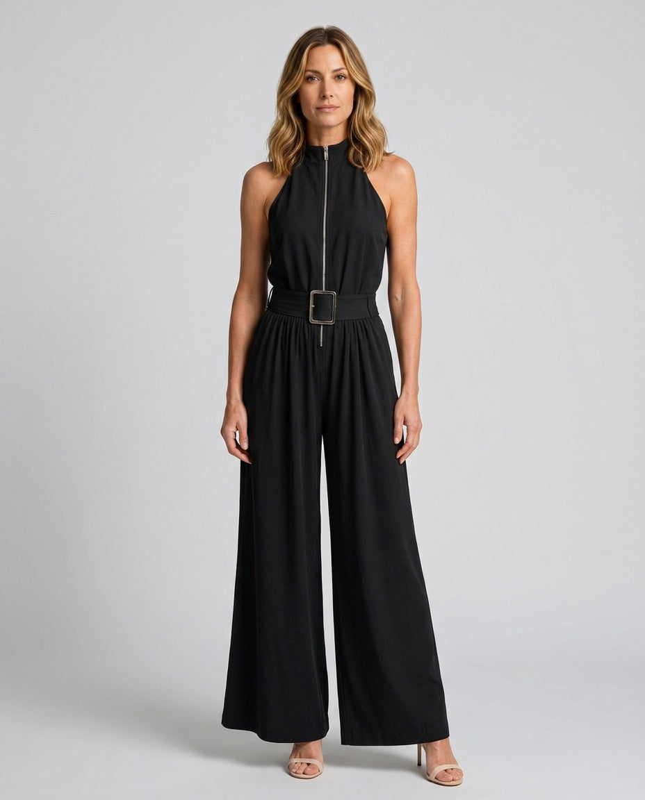 Stellara | Belted High Neck Sleeveless Wide Leg Jumpsuit