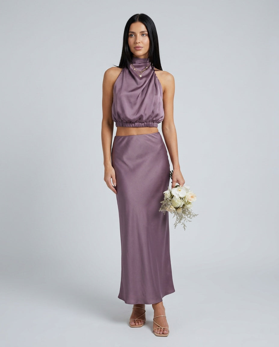 Cora | Halter Crop Top & High Waist Midi Skirt Set