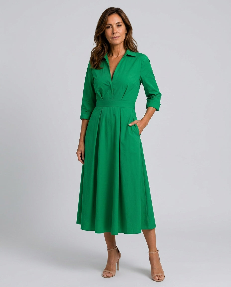 Kinsley | Collared Button-Front Pleated Midi Dress