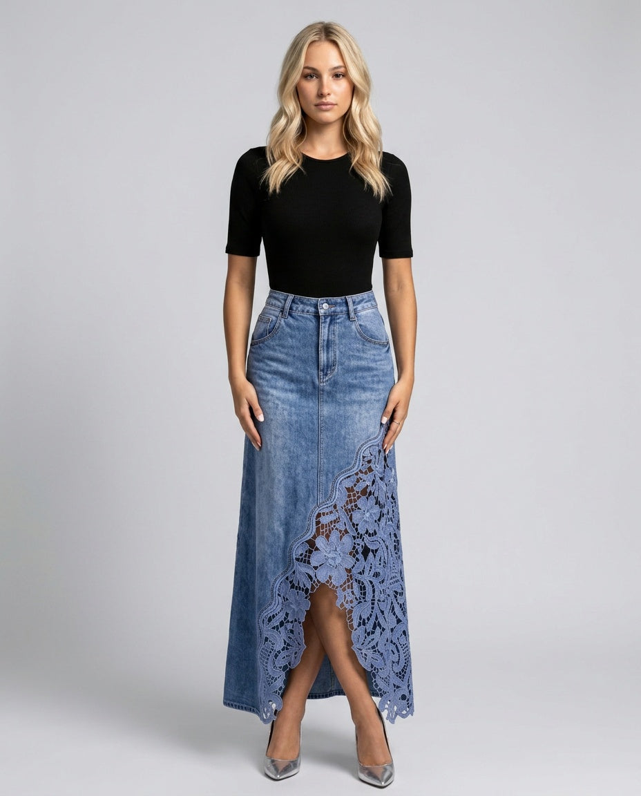 Everly | High Waist Floral Crochet Lace Denim Maxi Skirt