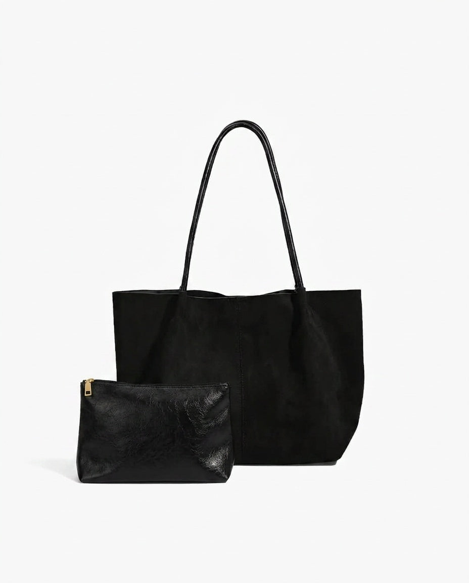 Retro Faux Suede Zip Tote Bag with Pouch