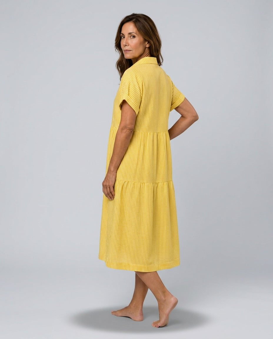 Emerson | Short Sleeve Button Front Striped Midi Dress