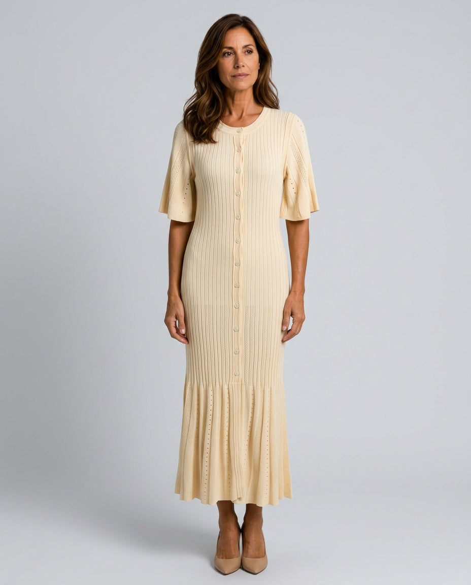 Naia | Button-Front Openwork Knit Midi Dress